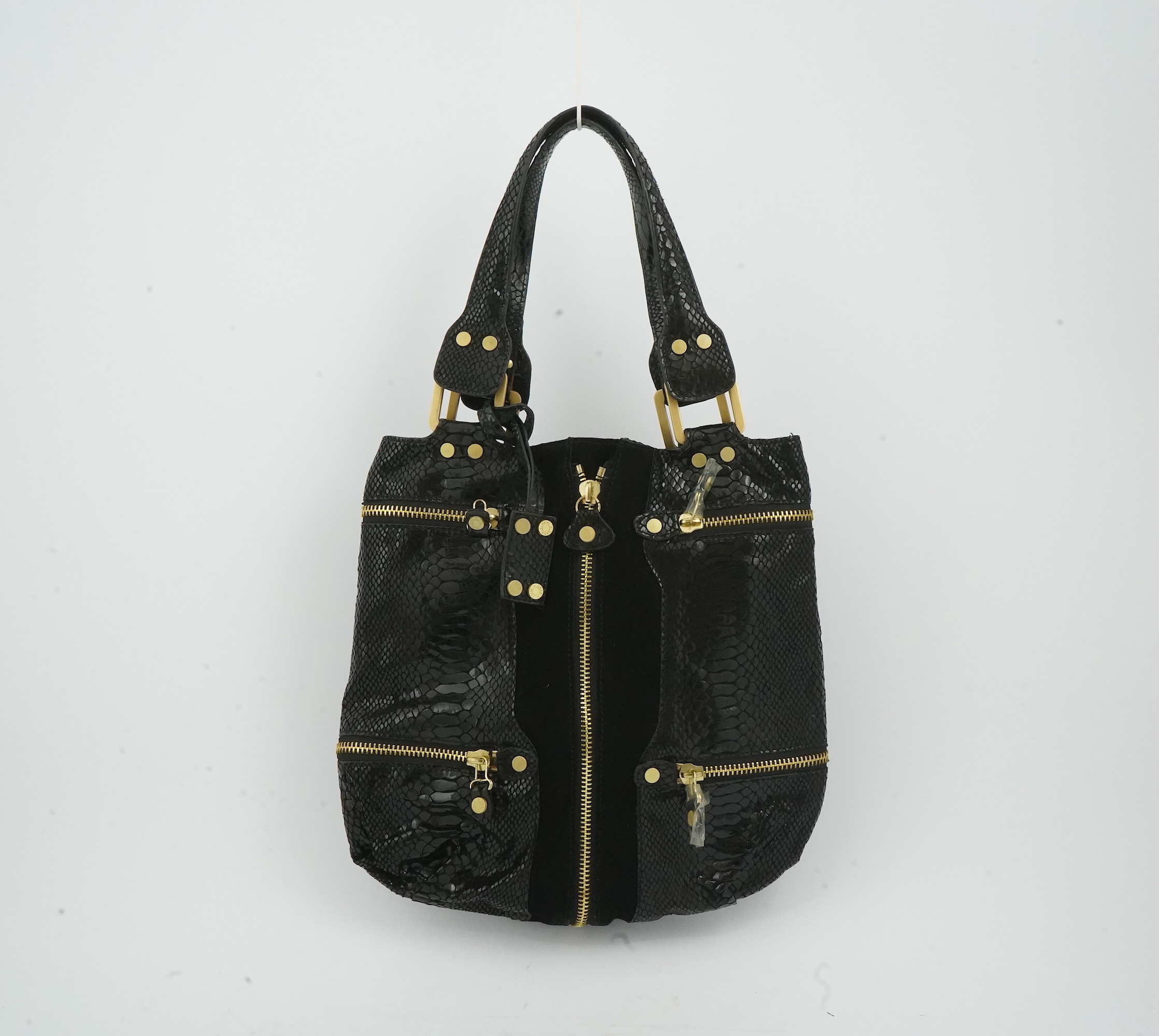 A vintage Jimmy Choo black snakeskin and elasticated material handbag with zip detail.